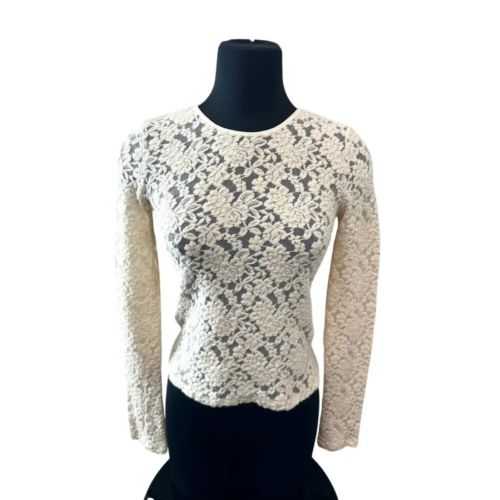 ANTHROPOLOGIE Cooperative Floral Lace Wool Blend Cream Layering Sheer Top Large